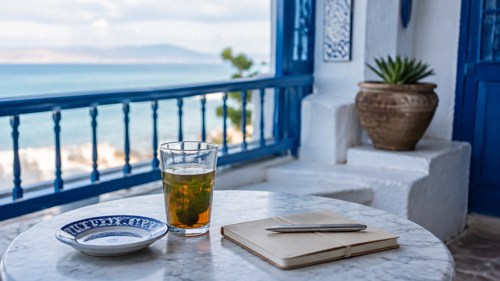 Tee auf blau-weißer Terrasse in Sidi Bou Said mit leerem Notizbuch und Meerblick