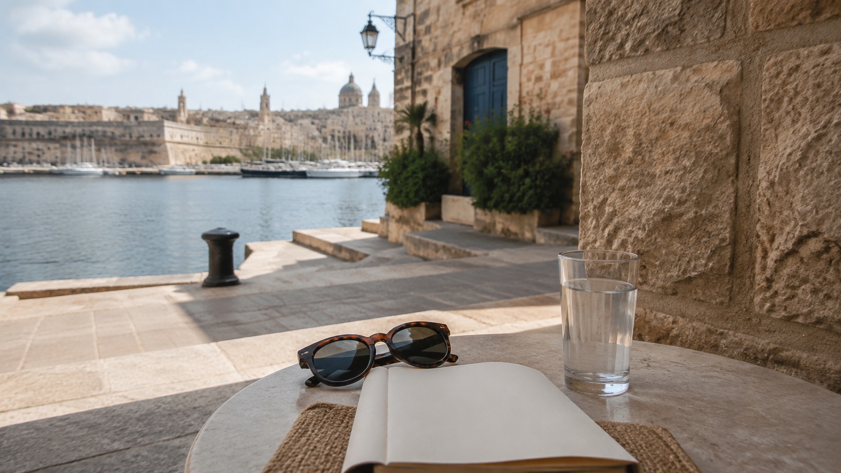 Schattiger Kai bei Three Cities mit leerem Notizbuch, Wasser und Blick auf Valletta