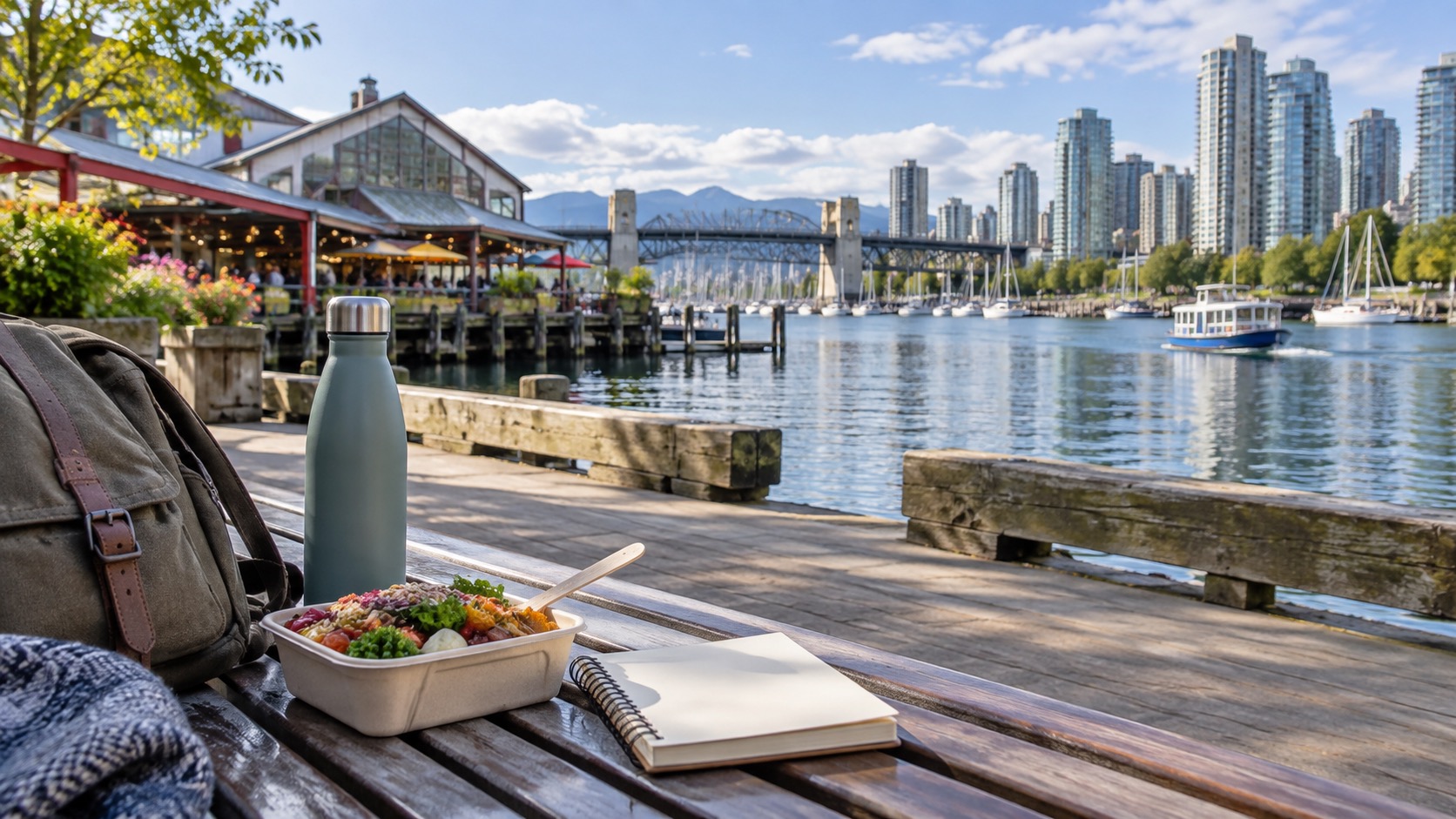 Vancouver Uferbank mit Marktessen, leerem Notizbuch und Blick auf Wasser und Skyline