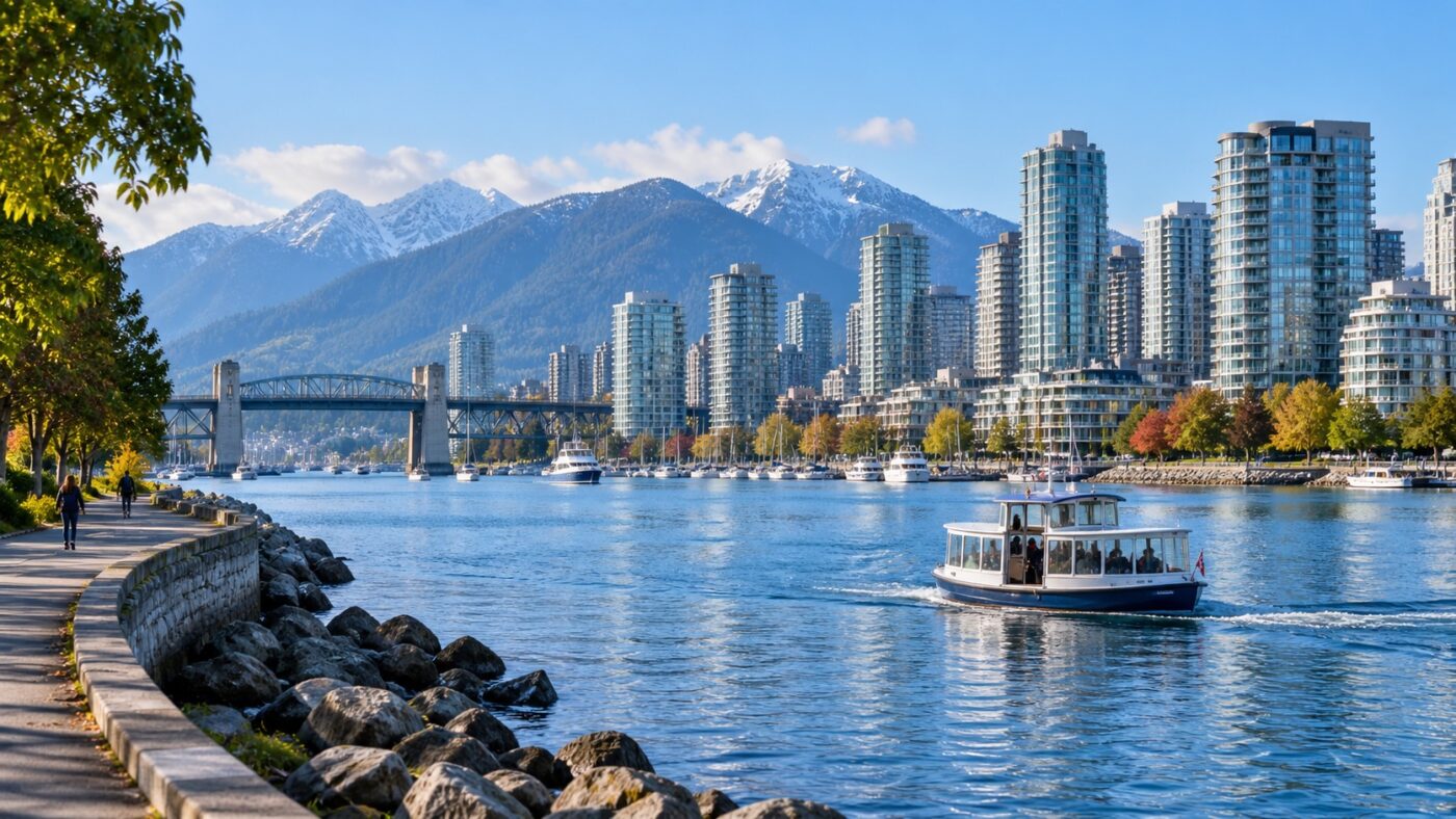 Vancouver Fähre und Seawall: Kanada zwischen Wasser, Markt und Stadtblick verbinden